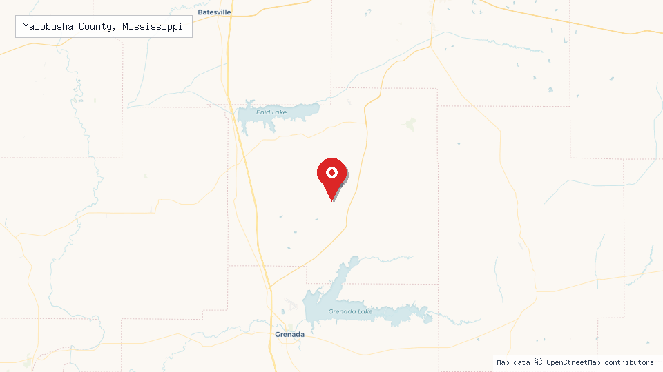 Street map of Yalobusha County, Mississippi with location pin