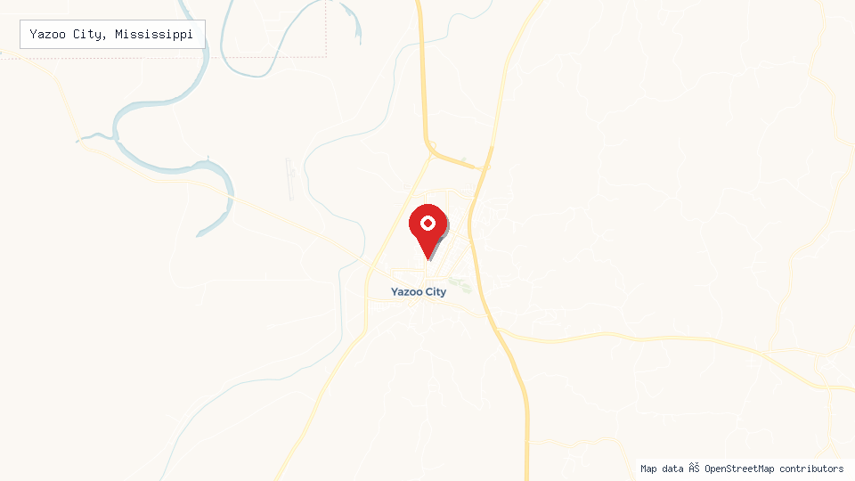 Street map of Yazoo City, Mississippi with location pin