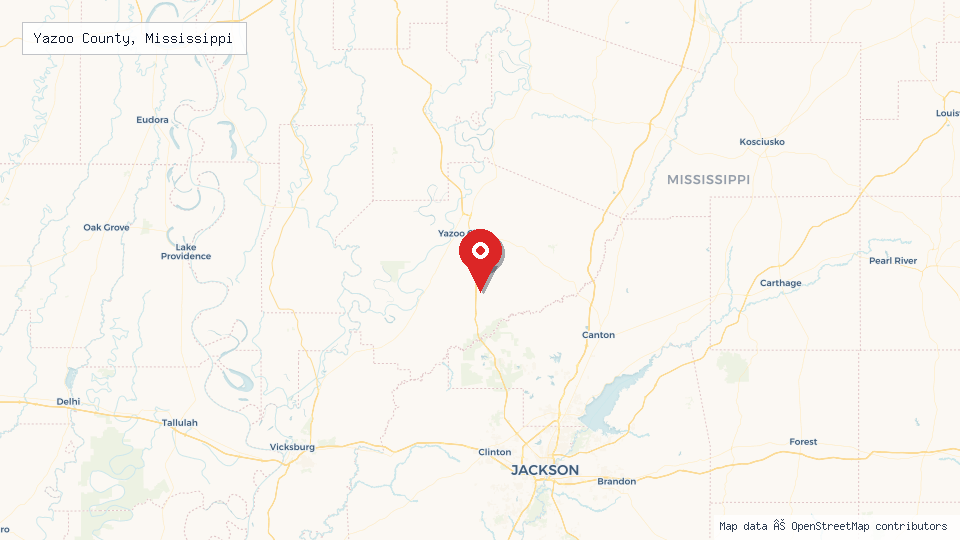 Street map of Yazoo County, Mississippi with location pin