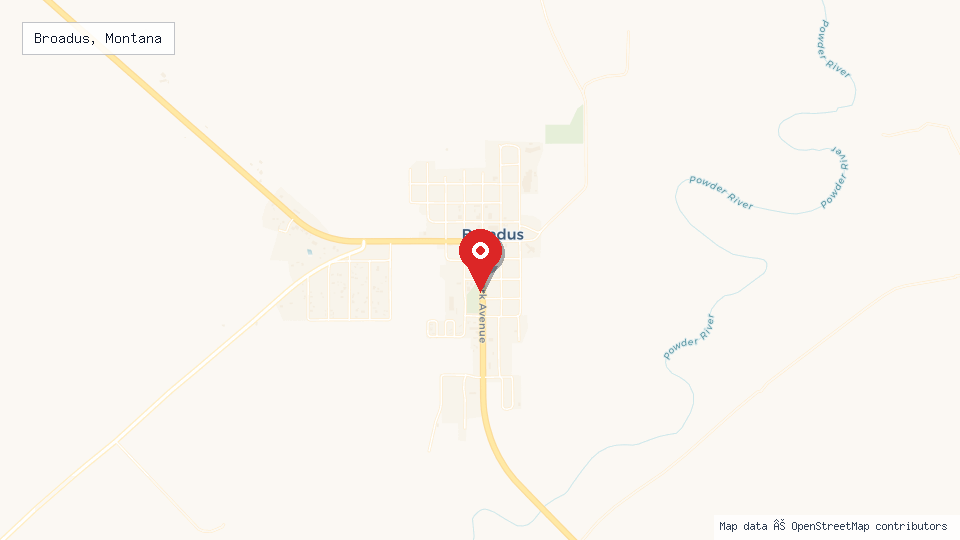 Street map of Broadus, Montana with location pin