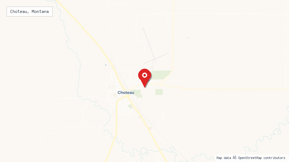 Street map of Choteau, Montana with location pin