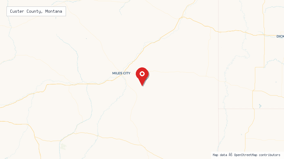 Street map of Custer County, Montana with location pin
