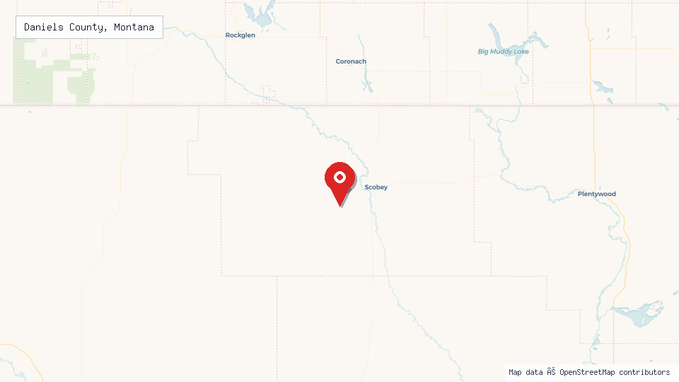 Street map of Daniels County, Montana with location pin