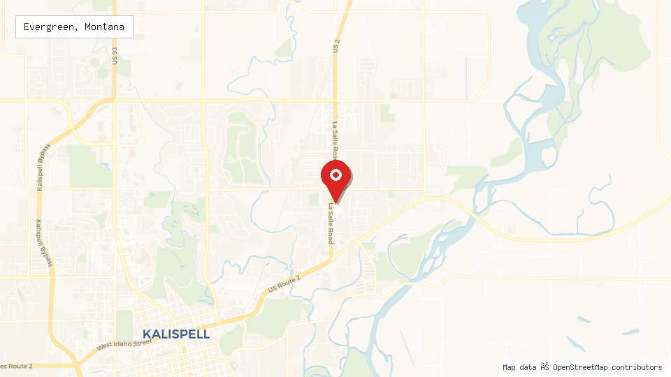 Street map of Evergreen, Montana with location pin