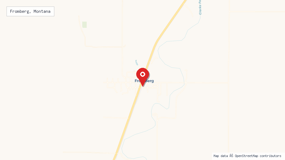 Street map of Fromberg, Montana with location pin