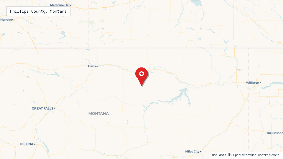 Street map of Phillips County, Montana with location pin