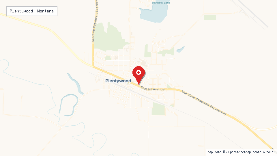 Street map of Plentywood, Montana with location pin