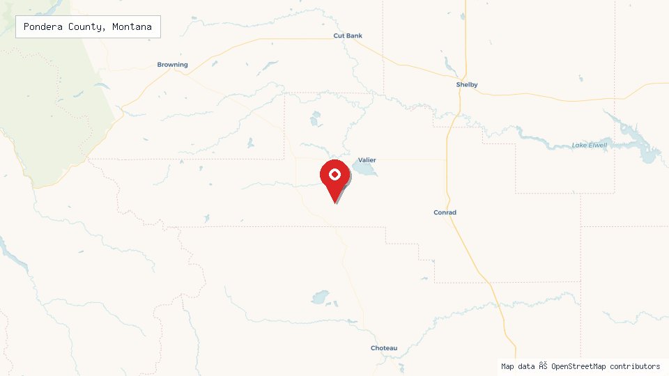 Street map of Pondera County, Montana with location pin