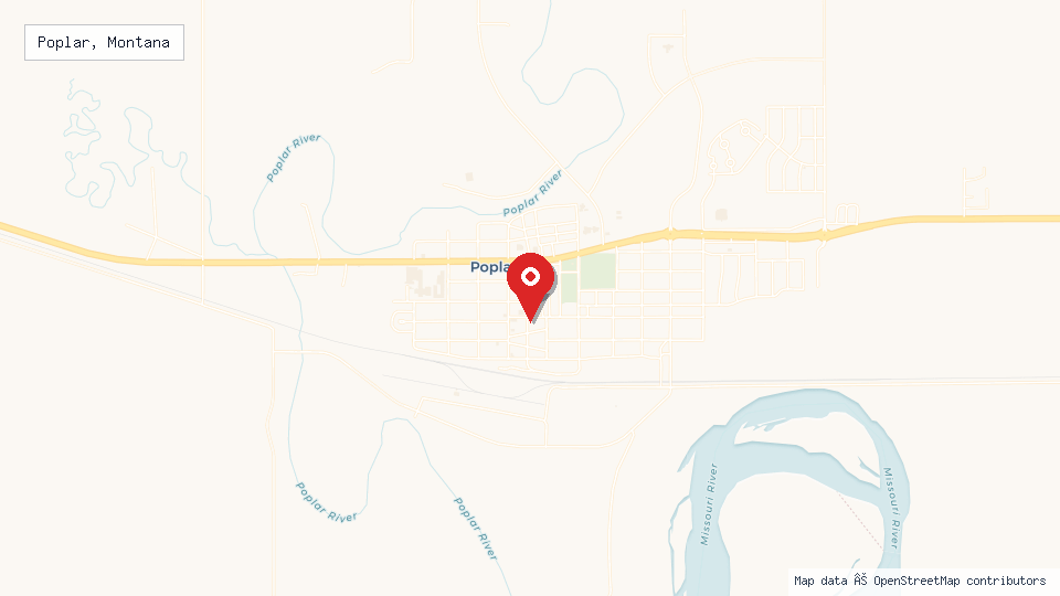 Street map of Poplar, Montana with location pin