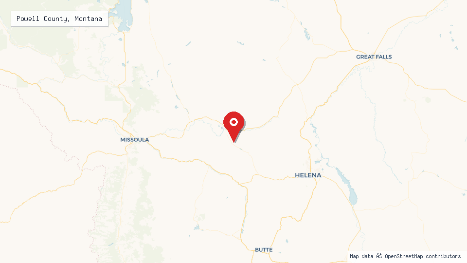 Street map of Powell County, Montana with location pin