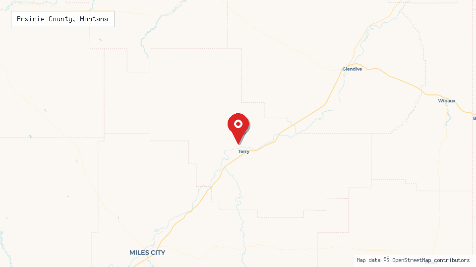 Street map of Prairie County, Montana with location pin