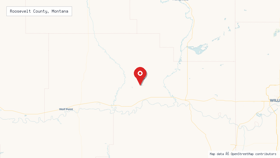Street map of Roosevelt County, Montana with location pin