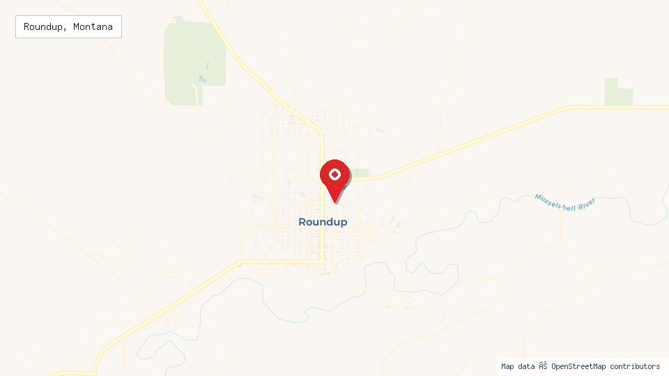 Street map of Roundup, Montana with location pin