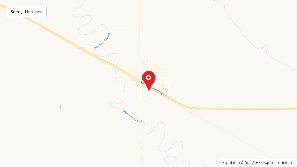 Street map of Saco, Montana with location pin