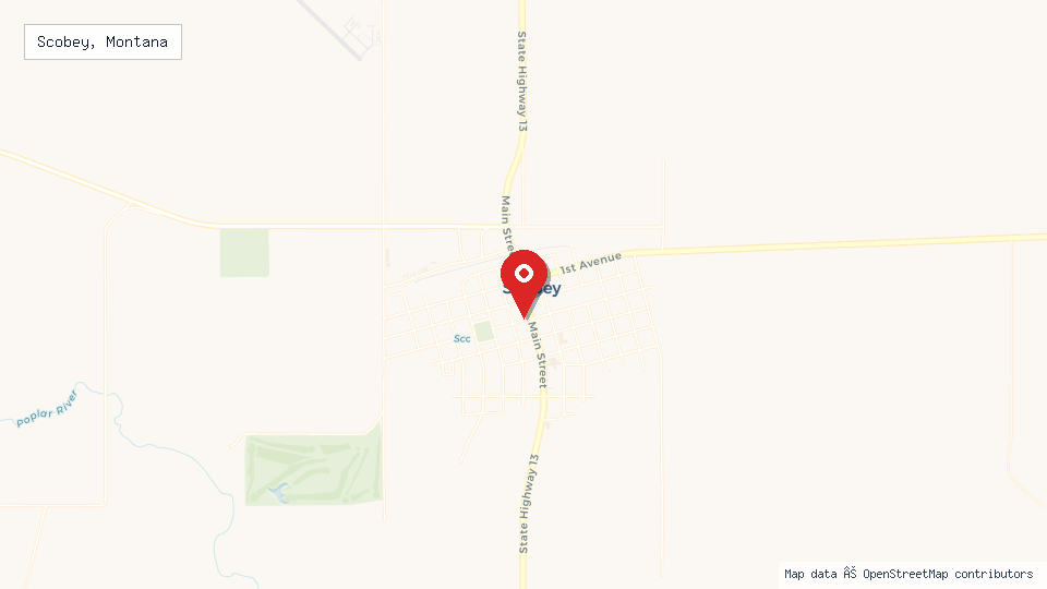 Street map of Scobey, Montana with location pin