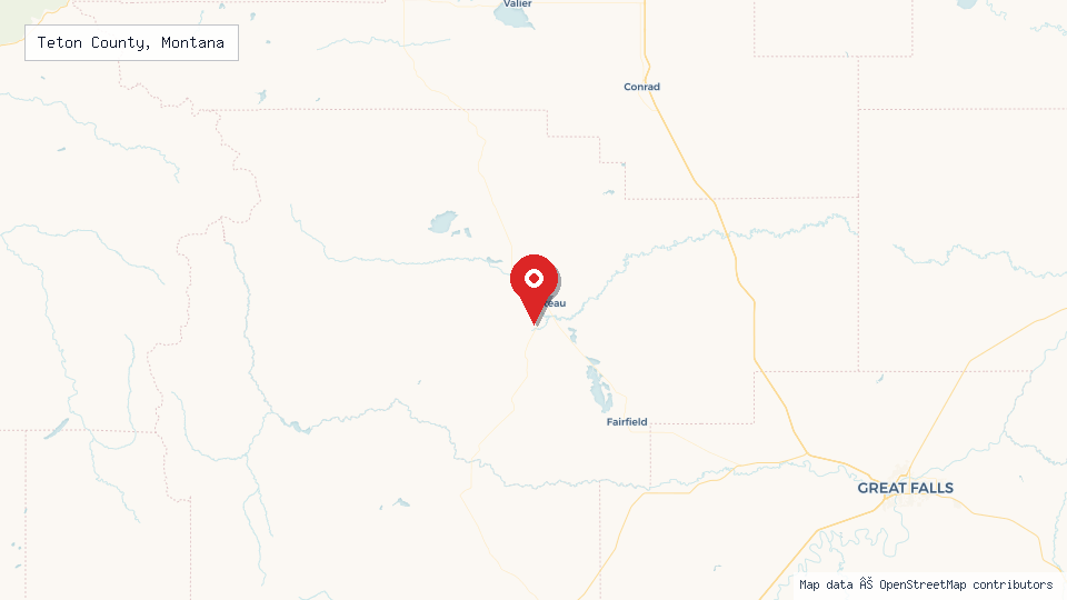 Street map of Teton County, Montana with location pin