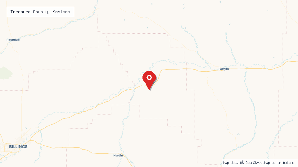 Street map of Treasure County, Montana with location pin