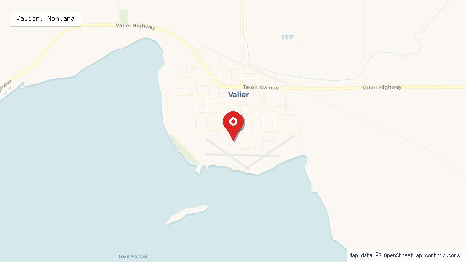 Street map of Valier, Montana with location pin