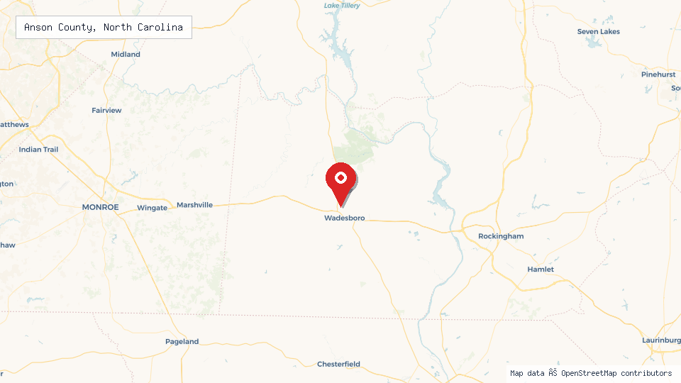 Street map of Anson County, North Carolina with location pin