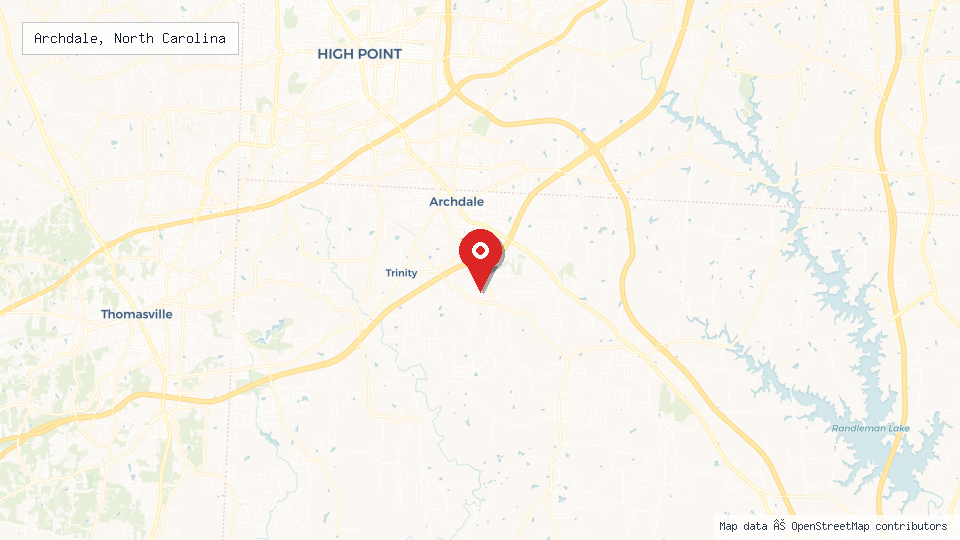 Street map of Archdale, North Carolina with location pin