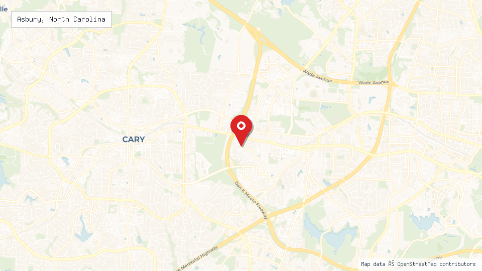 Street map of Asbury, North Carolina with location pin