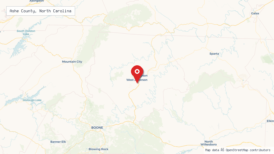 Street map of Ashe County, North Carolina with location pin