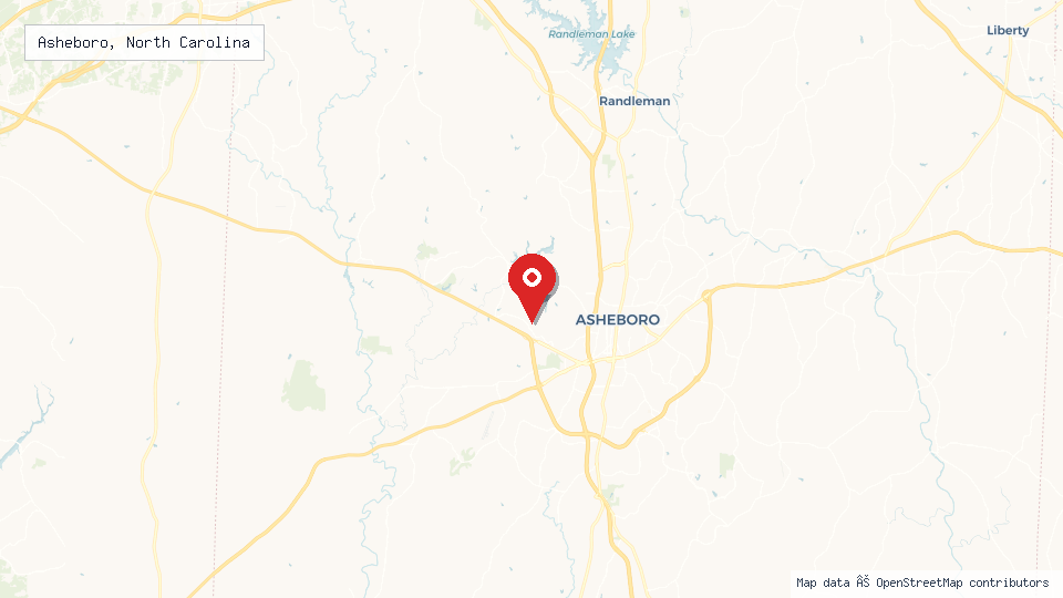 Street map of Asheboro, North Carolina with location pin