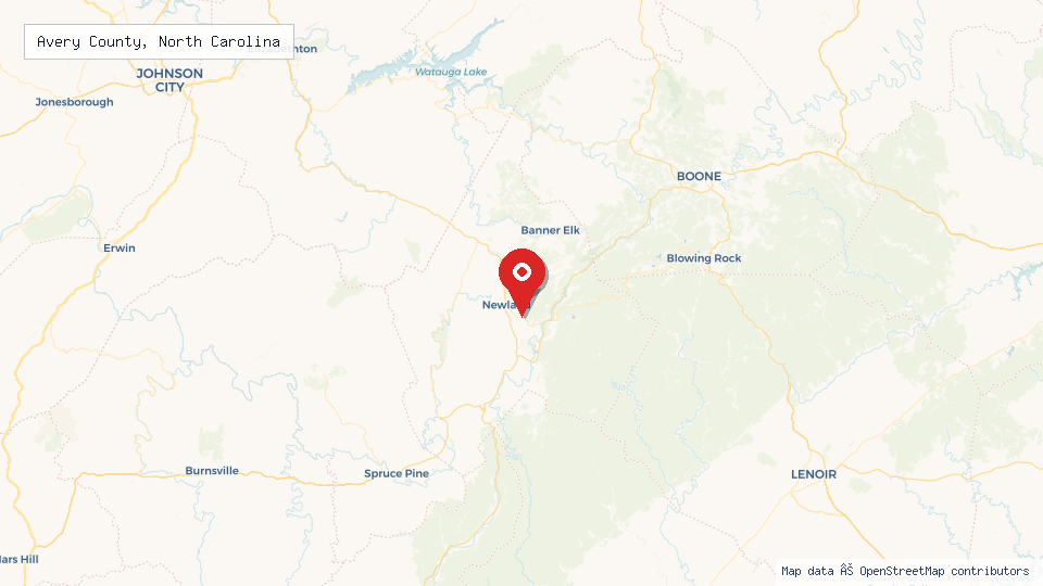Street map of Avery County, North Carolina with location pin