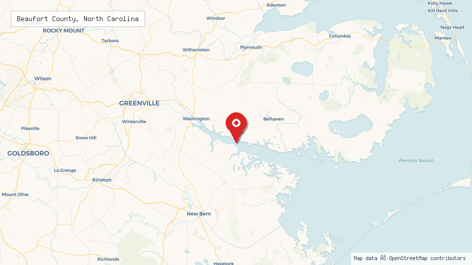Street map of Beaufort County, North Carolina with location pin