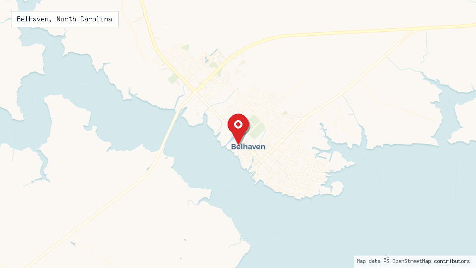 Street map of Belhaven, North Carolina with location pin