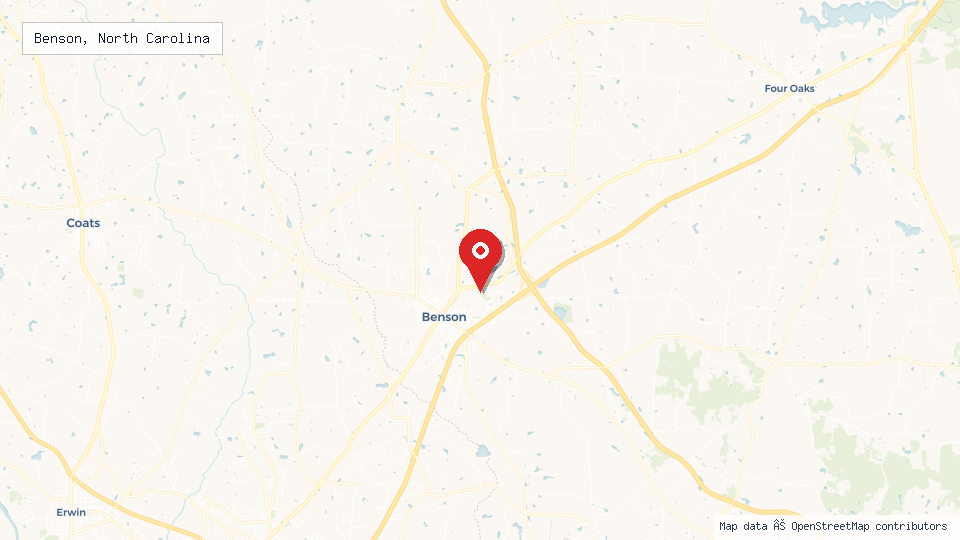 Street map of Benson, North Carolina with location pin