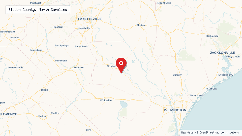 Street map of Bladen County, North Carolina with location pin