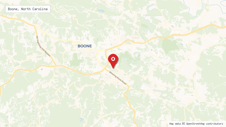 Street map of Boone, North Carolina with location pin