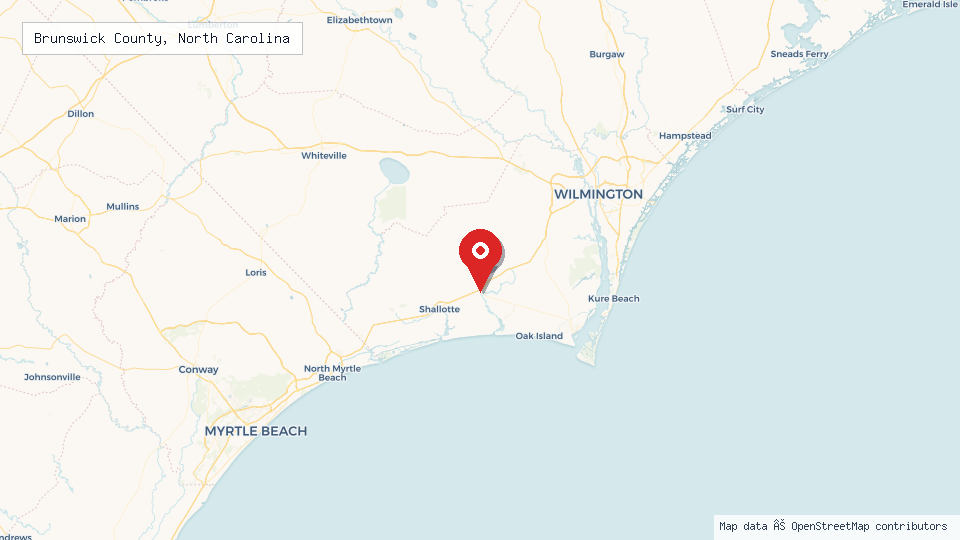Street map of Brunswick County, North Carolina with location pin