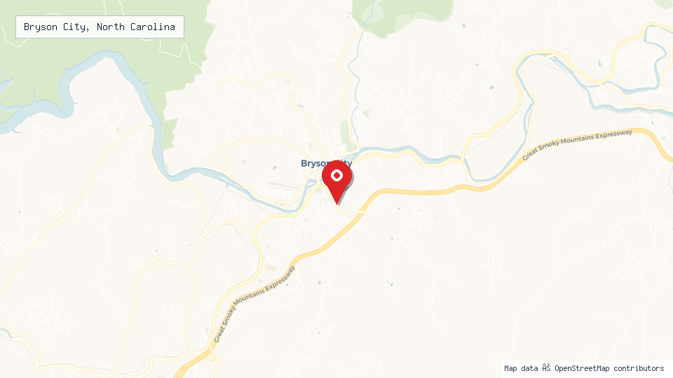 Street map of Bryson City, North Carolina with location pin