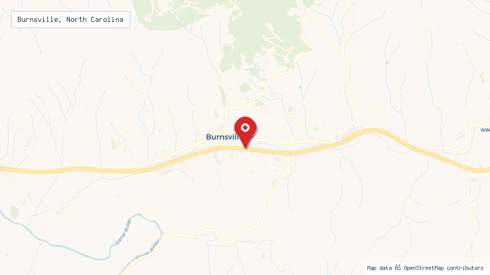 Street map of Burnsville, North Carolina with location pin
