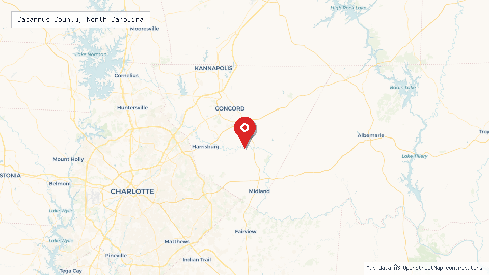 Street map of Cabarrus County, North Carolina with location pin