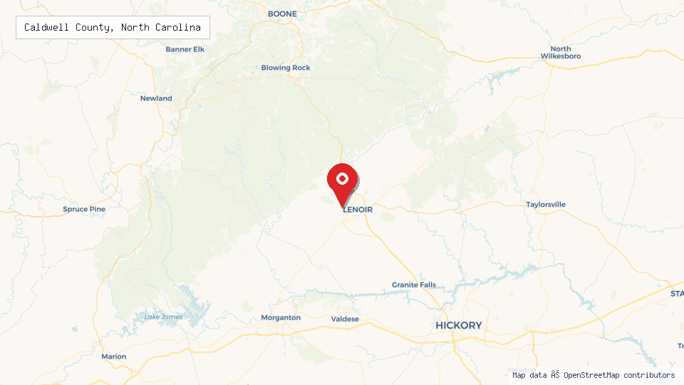 Street map of Caldwell County, North Carolina with location pin