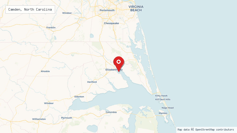 Street map of Camden, North Carolina with location pin