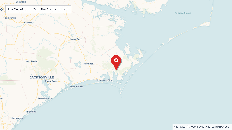 Street map of Carteret County, North Carolina with location pin