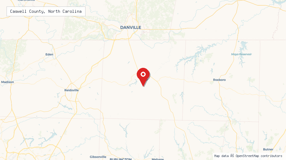 Street map of Caswell County, North Carolina with location pin