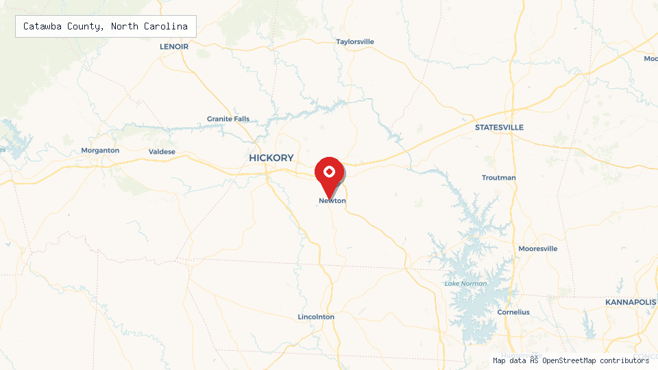 Street map of Catawba County, North Carolina with location pin