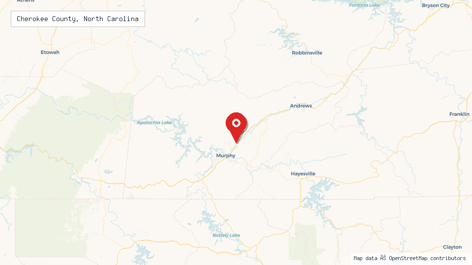 Street map of Cherokee County, North Carolina with location pin