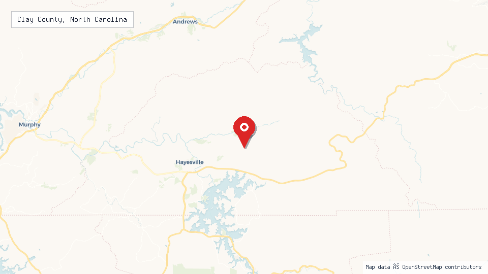 Street map of Clay County, North Carolina with location pin