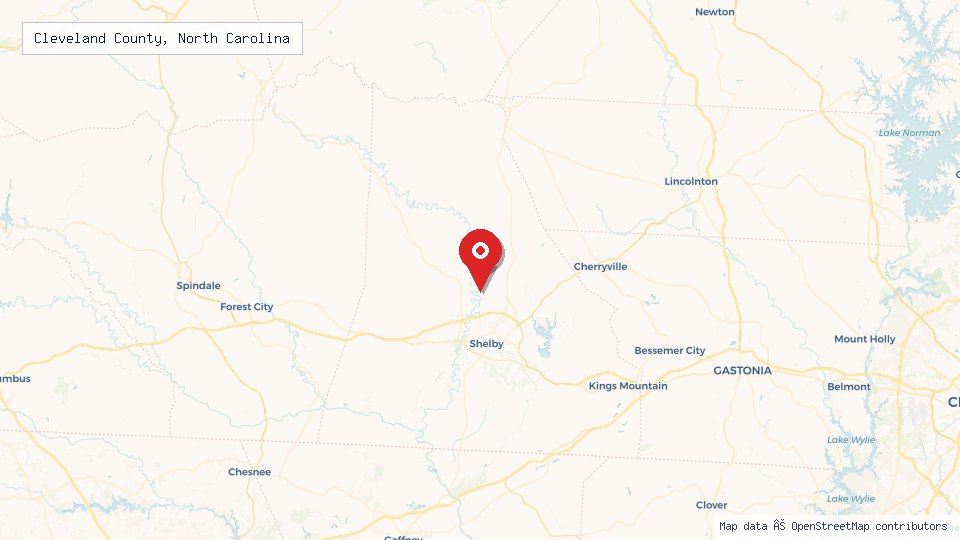 Street map of Cleveland County, North Carolina with location pin