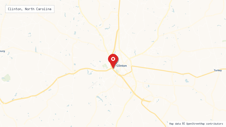 Street map of Clinton, North Carolina with location pin