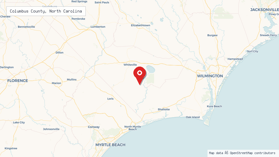 Street map of Columbus County, North Carolina with location pin