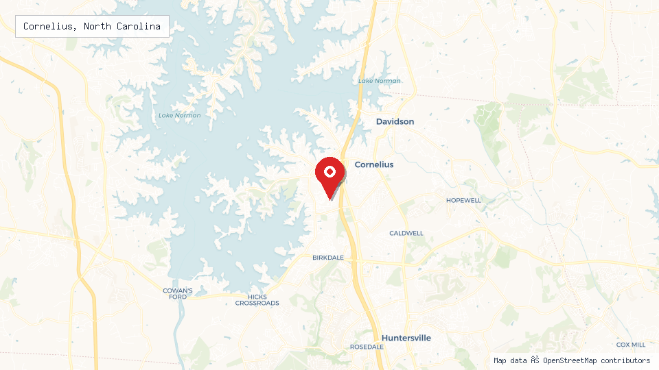 Street map of Cornelius, North Carolina with location pin