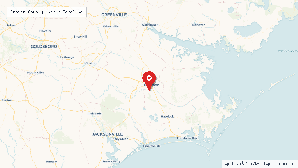 Street map of Craven County, North Carolina with location pin