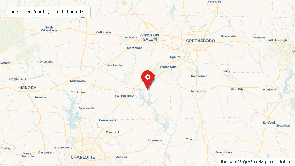 Street map of Davidson County, North Carolina with location pin
